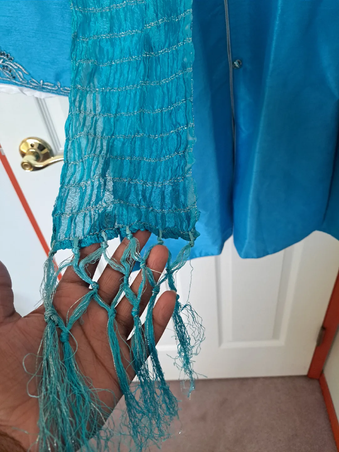 BRAND NEW - Men's silk Blue Kurta with Scarf and white pant image indicator(5)