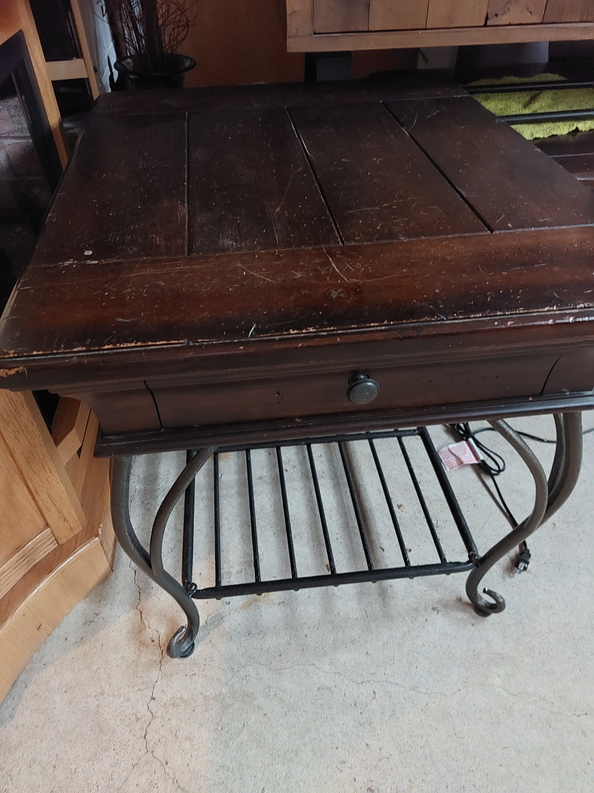 Brown Wood End Table with Metal Base
