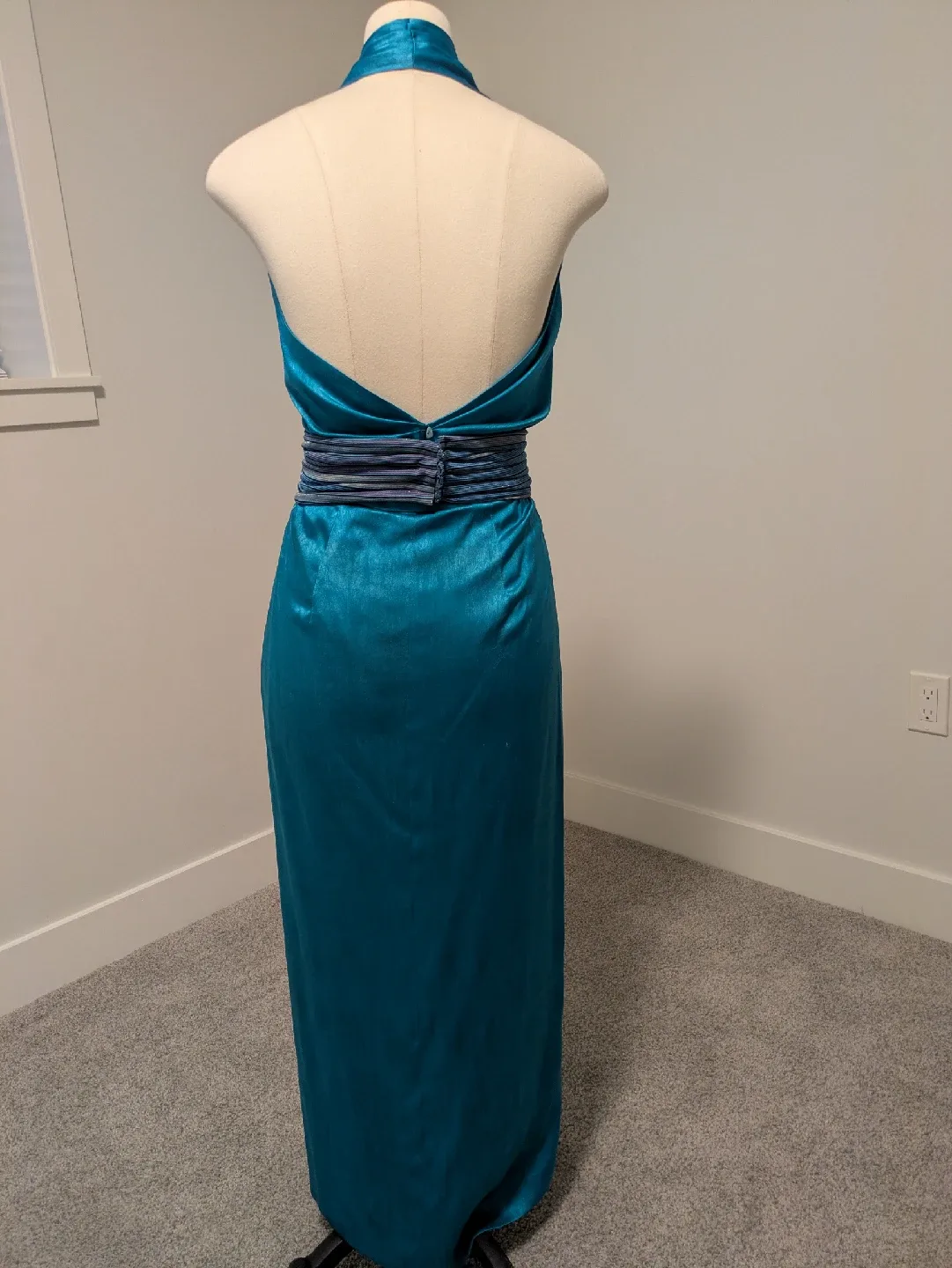 French Silk Formal Teal Halter Dress with Cardigan & Belt image indicator(4)
