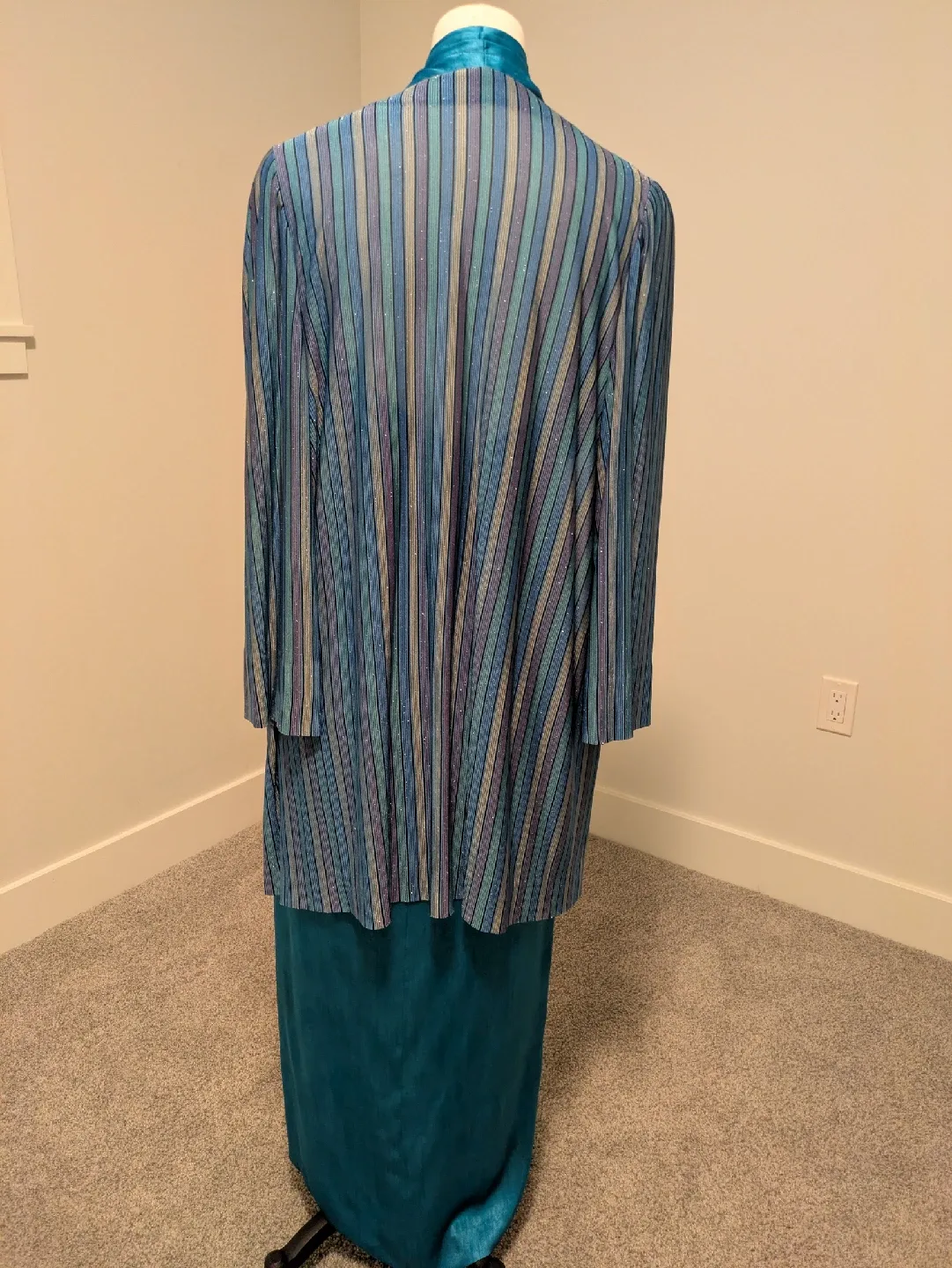 French Silk Formal Teal Halter Dress with Cardigan & Belt image indicator(6)