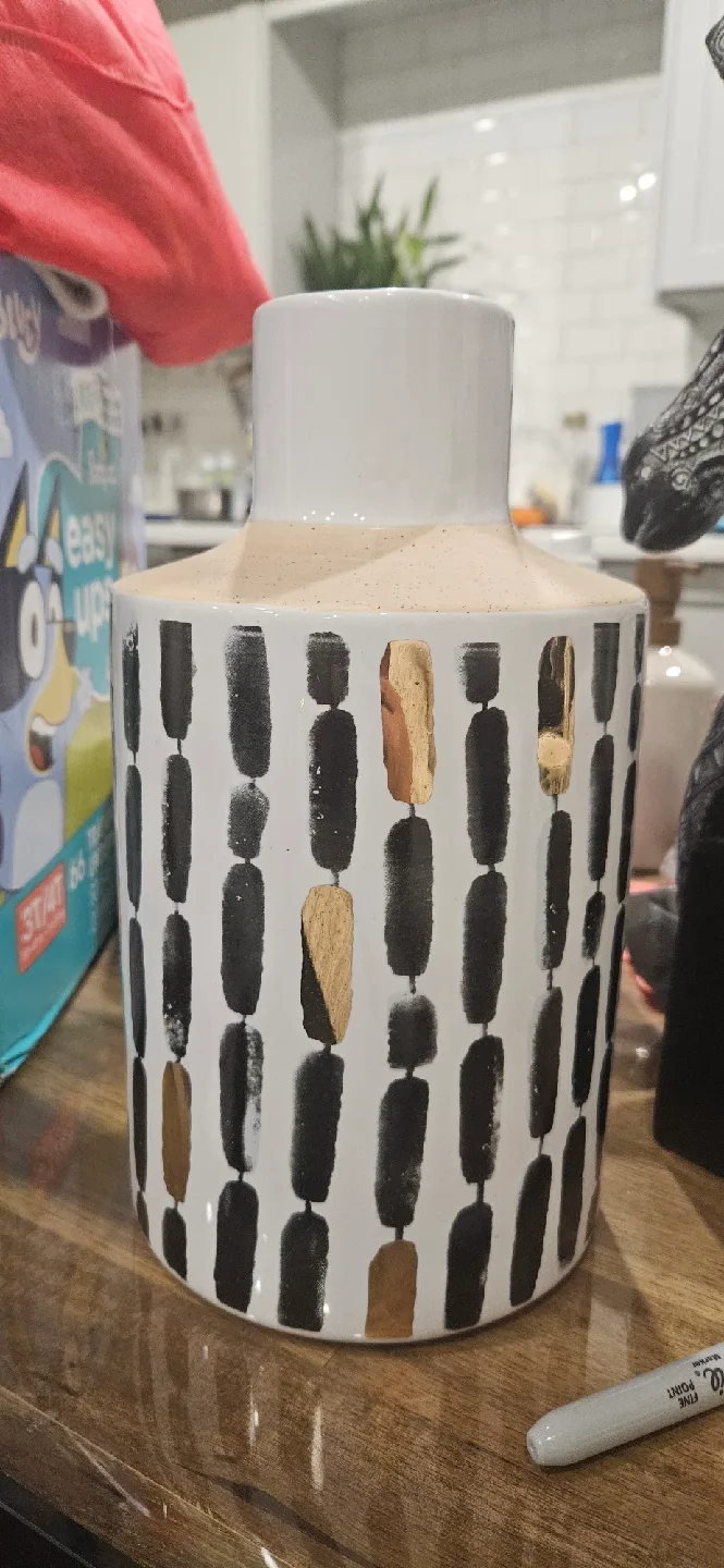 Decorative Vase - White with Black & Gold Accents