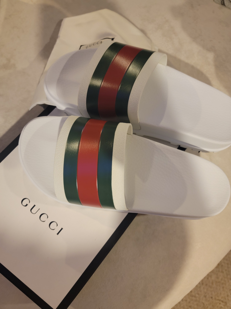 Gucci Slides - White  Green Red with Stripe 11in