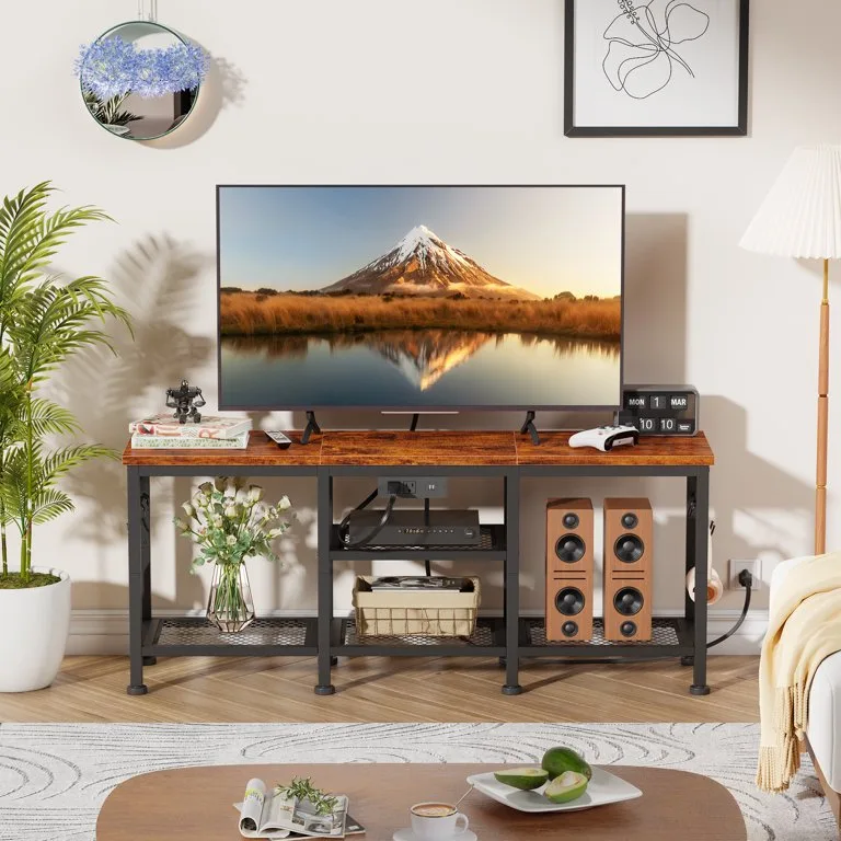 Rustic Brown TV Stand with Power Outlets