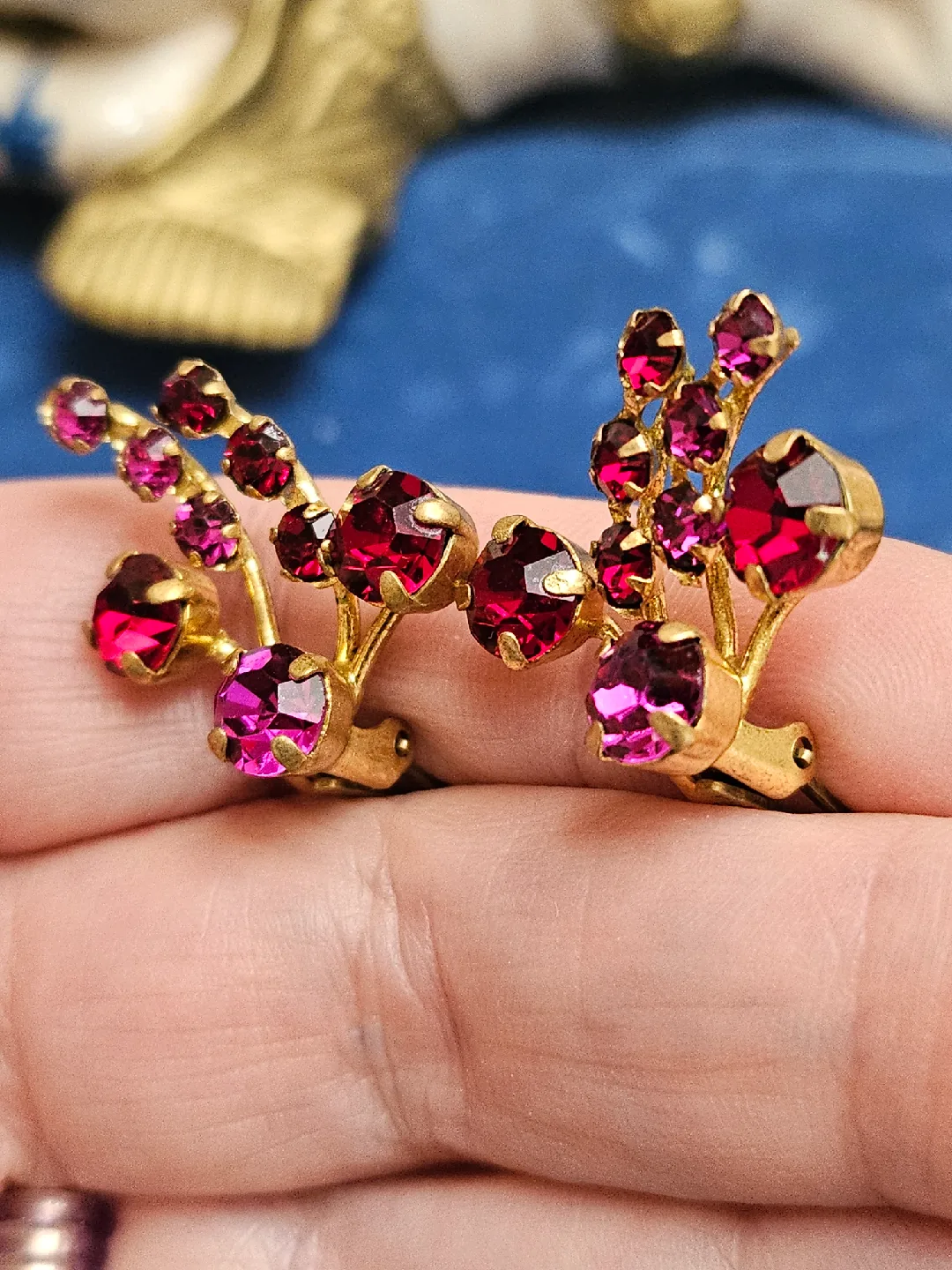 Vintage Made Austria Gold Tone & Red Rhinestone Earrings image indicator(3)