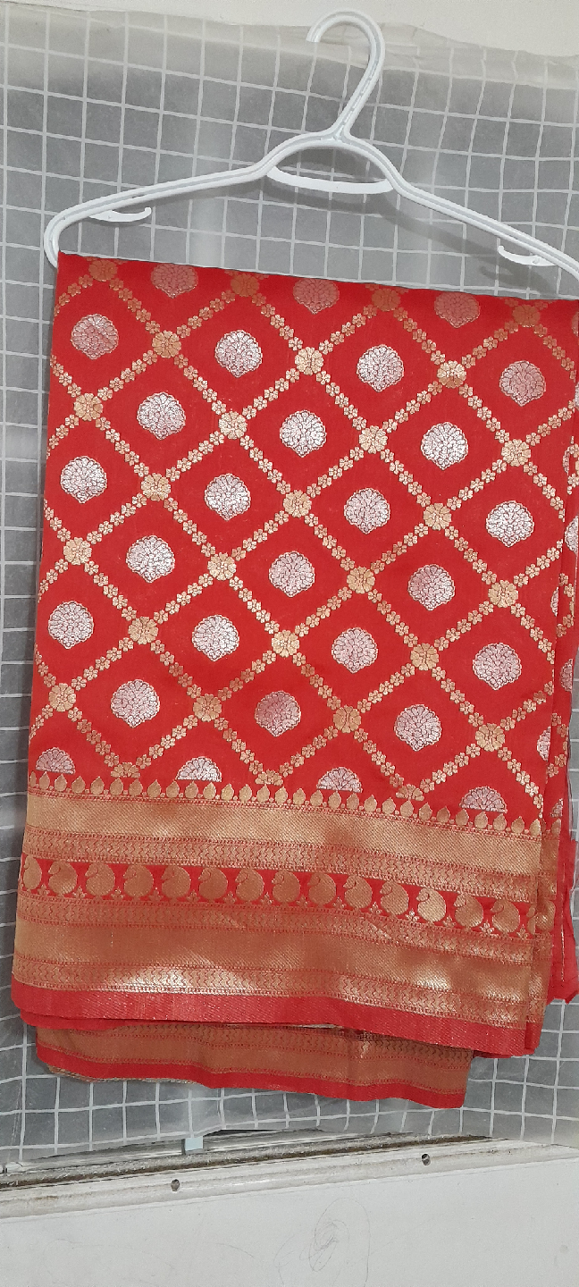 Red & Gold Sari/semi crape silk