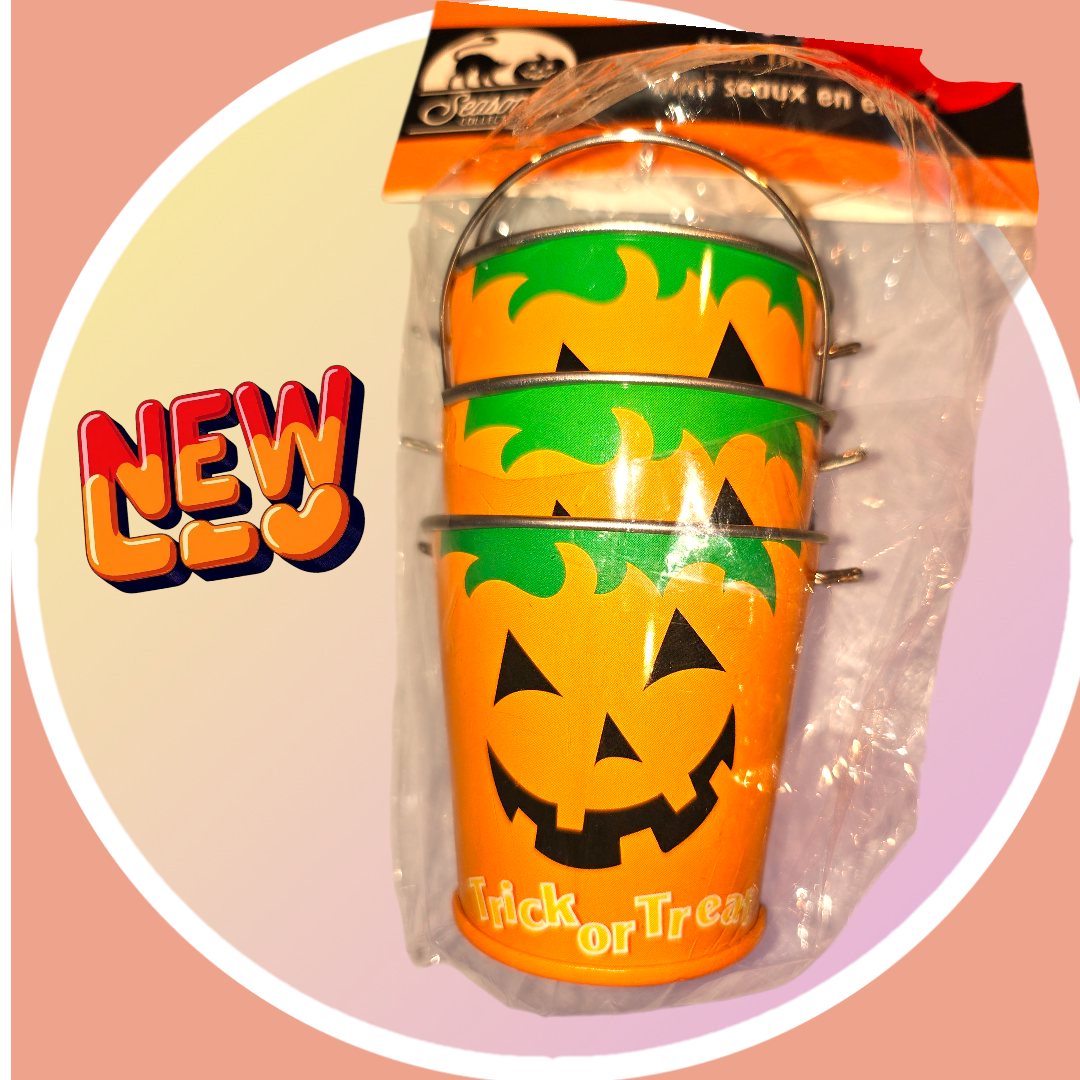 🥕 Set of 3 Mini Pumpkin Buckets w Handle Says Trick or Treat