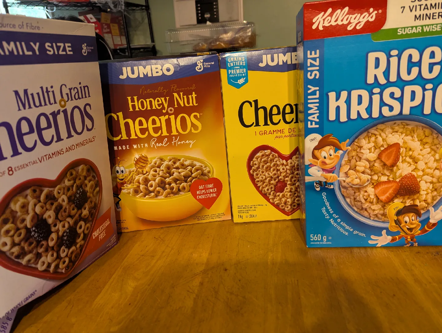 Variety of Cheerios and Rice Krispies