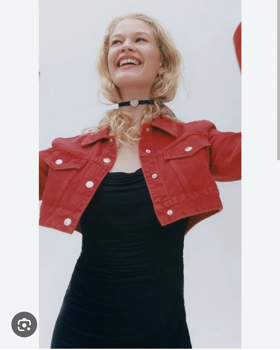 Zara Red Denim Cropped Jacket - Size L thumbnail