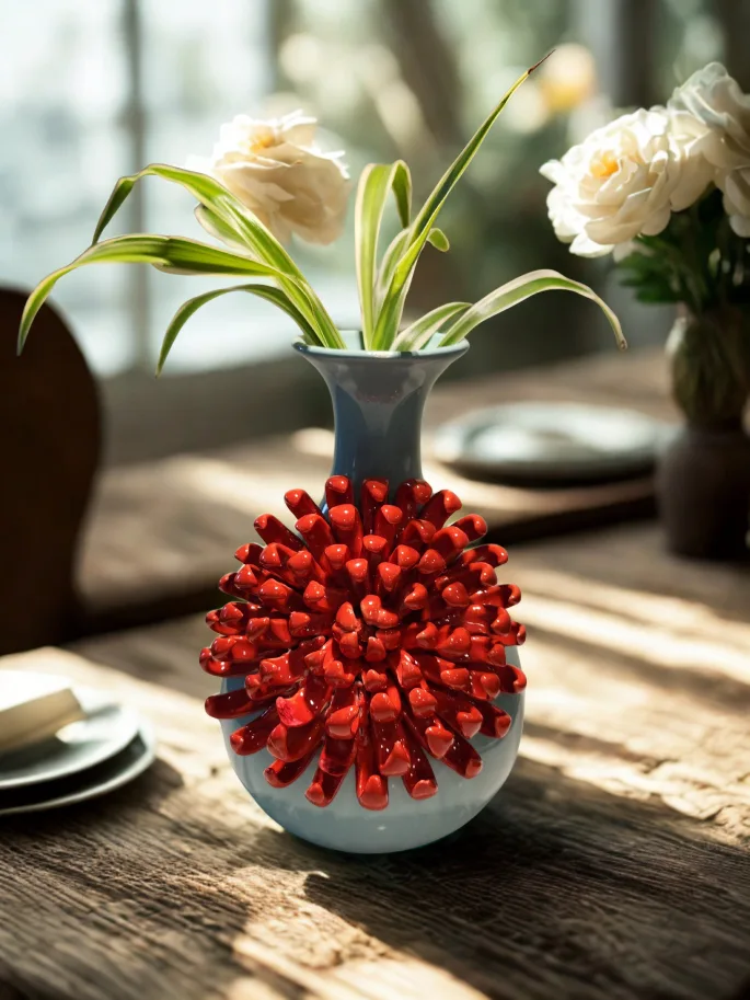 Blue Vase with Red Coral Design spider plant planter thumbnail