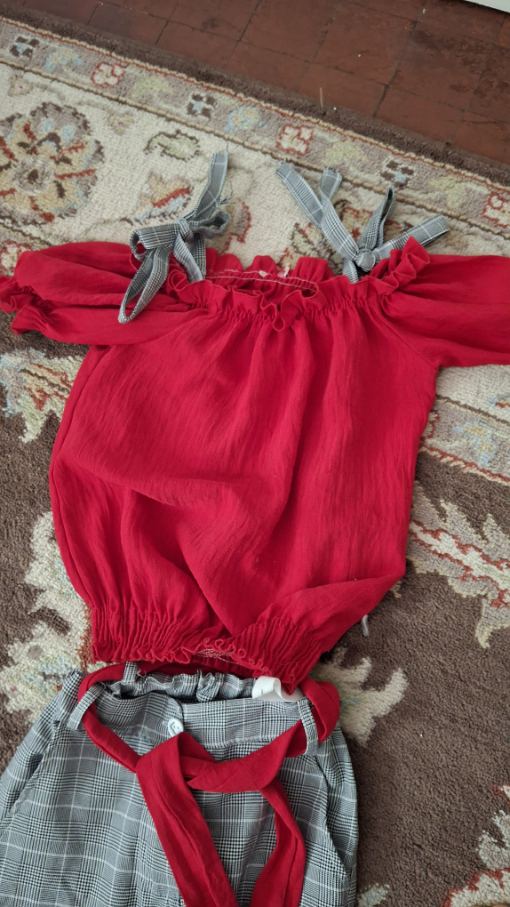 Girls' Red Top & Plaid Pants Set - photo 2