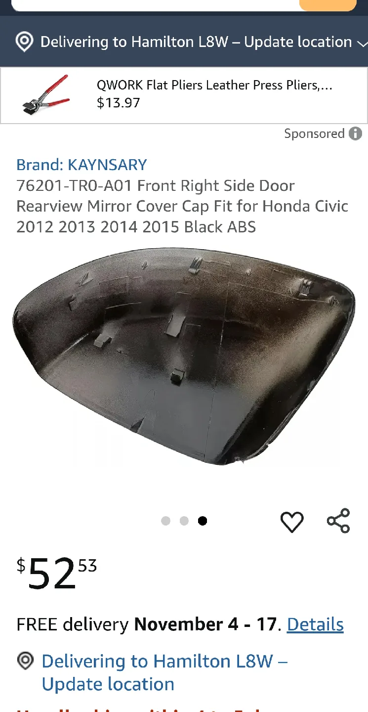 Honda Civic 2016-2021 Mirror Cap Cover - Black image indicator(6)