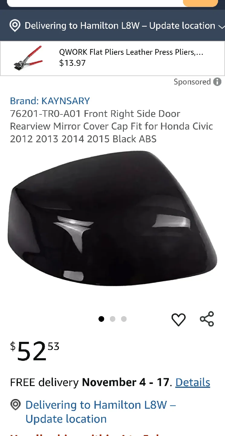 Honda Civic 2016-2021 Mirror Cap Cover - Black image indicator(8)