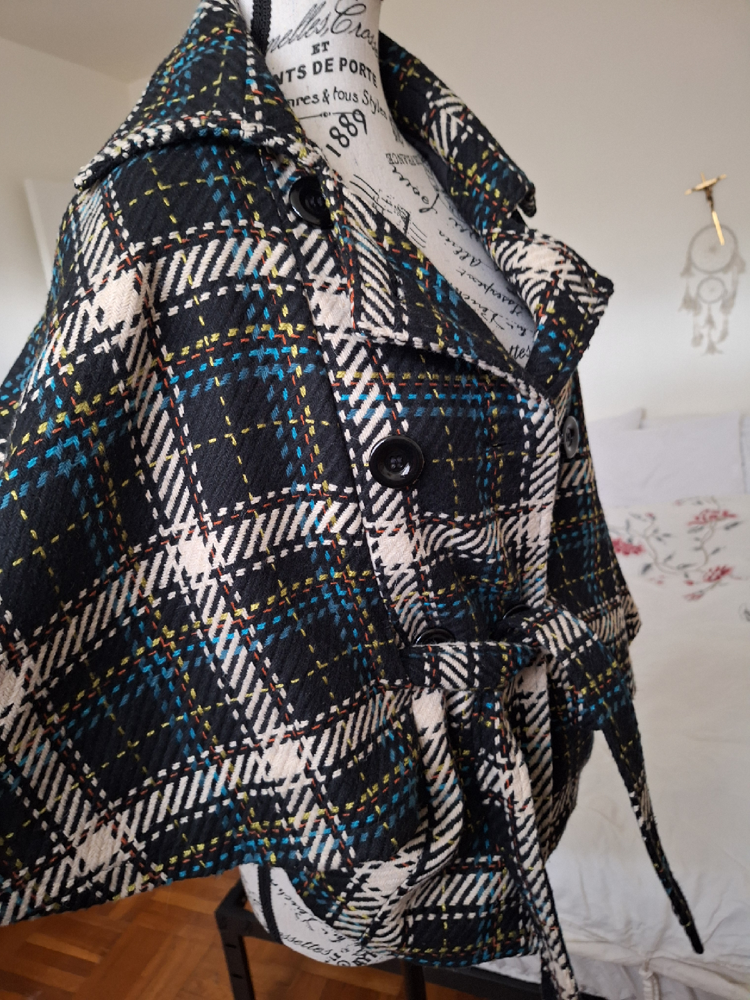 Plaid Wool Blend Belted Cape