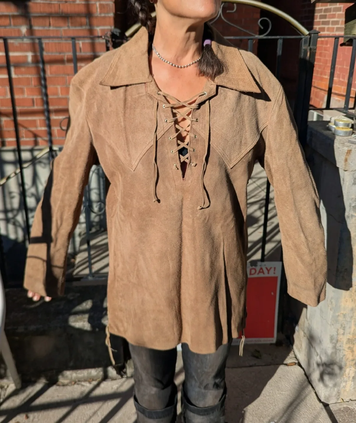 Vintage Tan Suede Collared Pullover Shirt With Lace-up Front thumbnail
