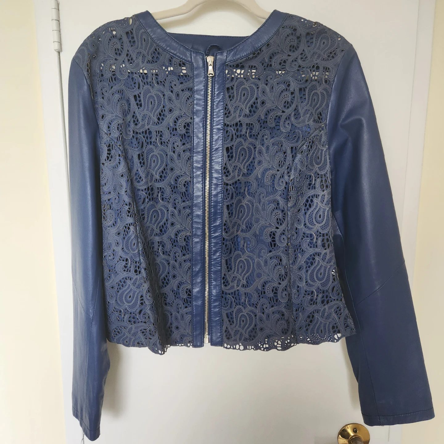 D Collezioni Blue Leather Jacket Paisley Laser Cut