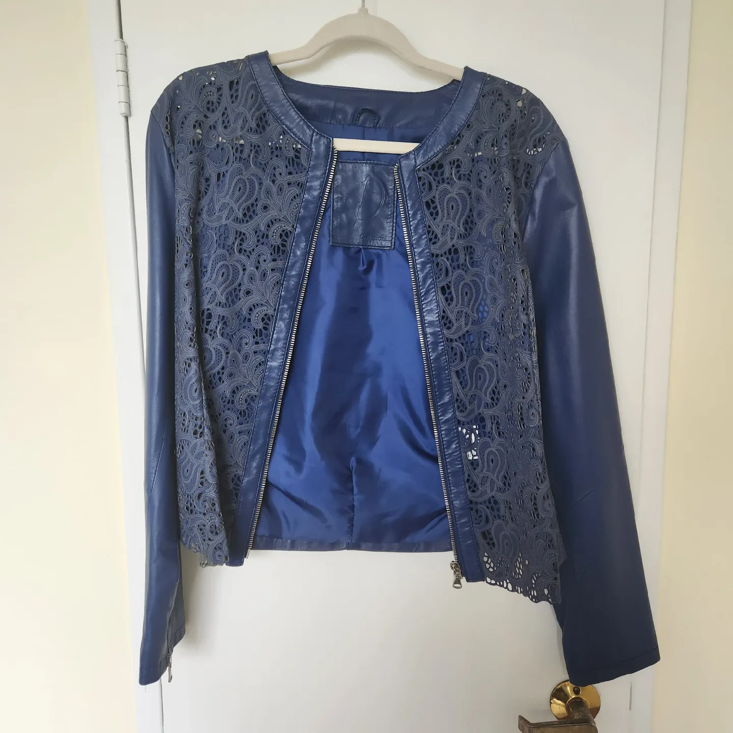 D Collezioni Blue Leather Jacket Paisley Laser Cut image indicator(2)