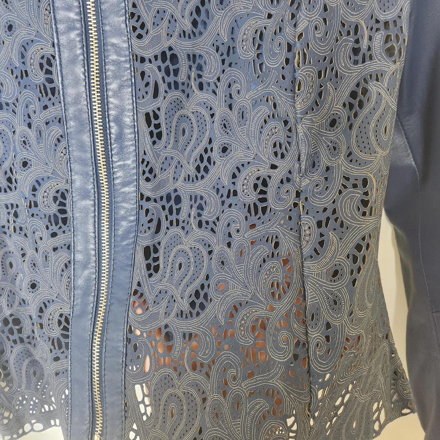D Collezioni Blue Leather Jacket Paisley Laser Cut image indicator(3)