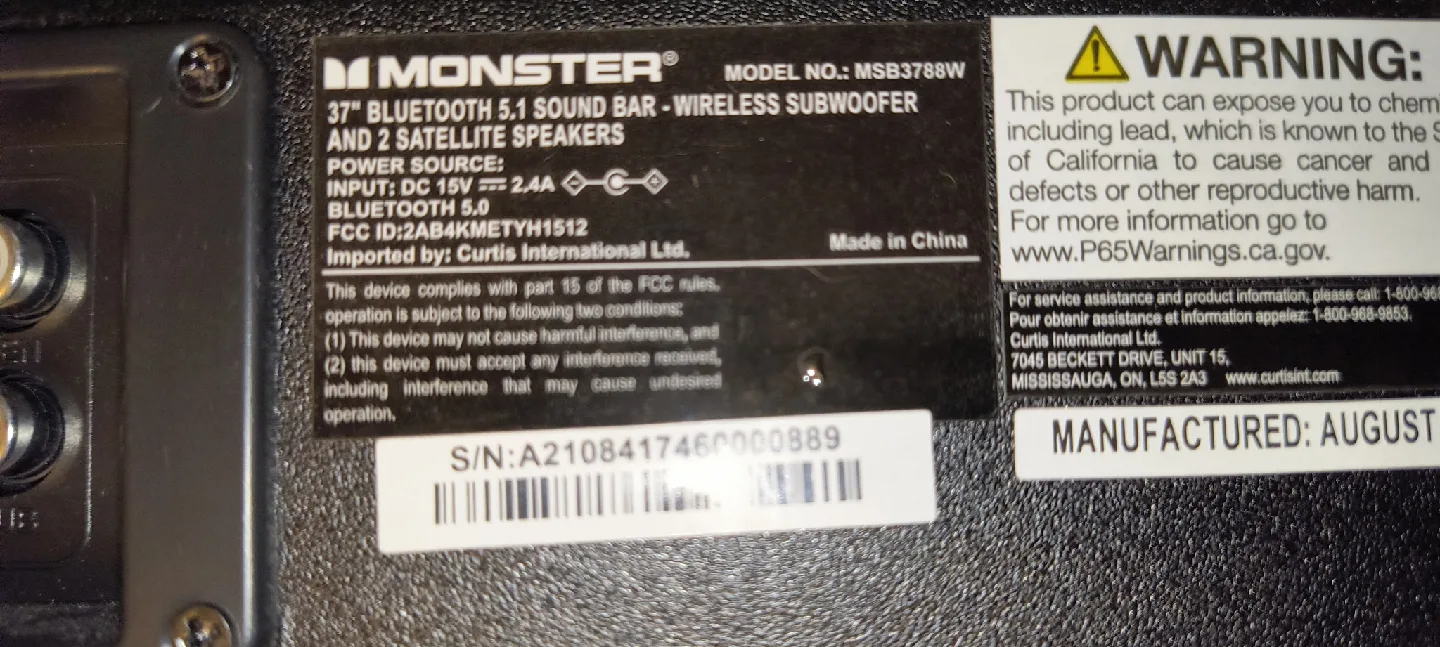 Monster MSB3788W 37" Bluetooth 5.1 Sound Bar System image indicator(4)