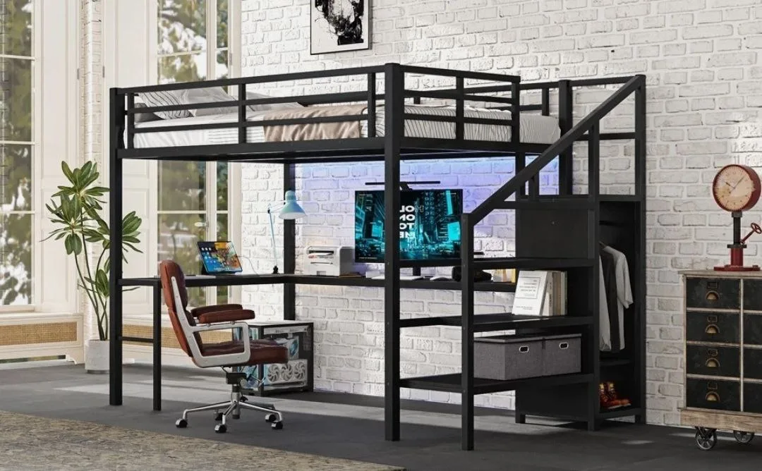 Full Size Loft Bed with Desk & Stairs - Black Metal Frame image indicator(3)