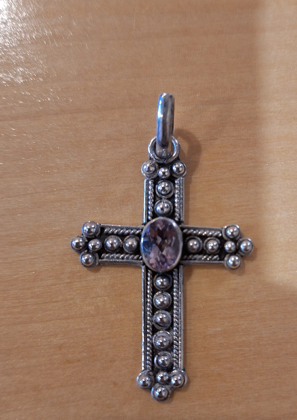 Silver Cross Pendant with amethyst stone marked 925