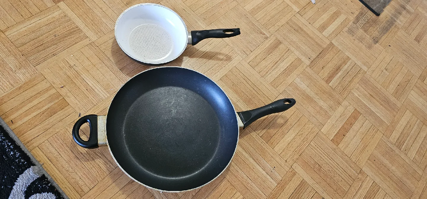 Two Used Frying Pans - Black and White image indicator(2)