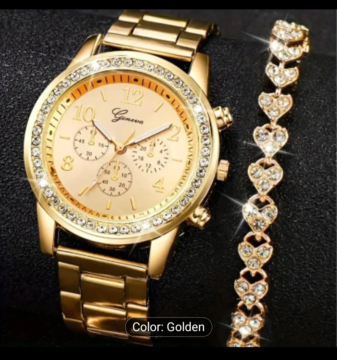 Golden Geneva Watch & Heart Bracelet Set