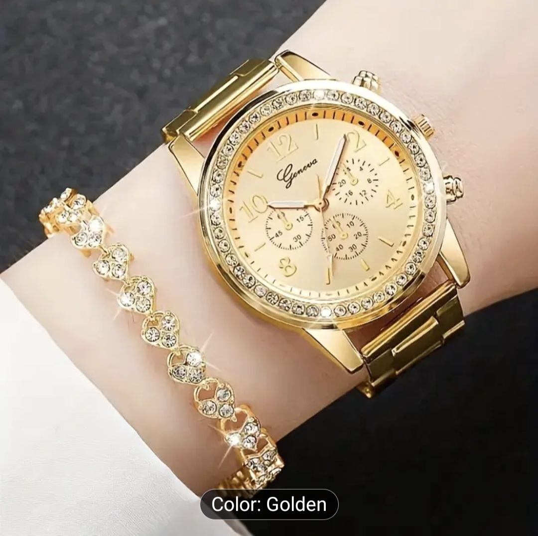 Golden Geneva Watch & Heart Bracelet Set - photo 2