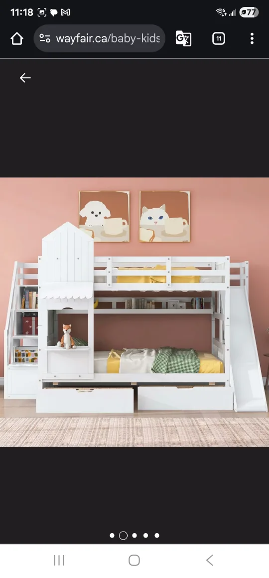 White Solid Wood double Over double Bunk Bed with Slide image indicator(2)