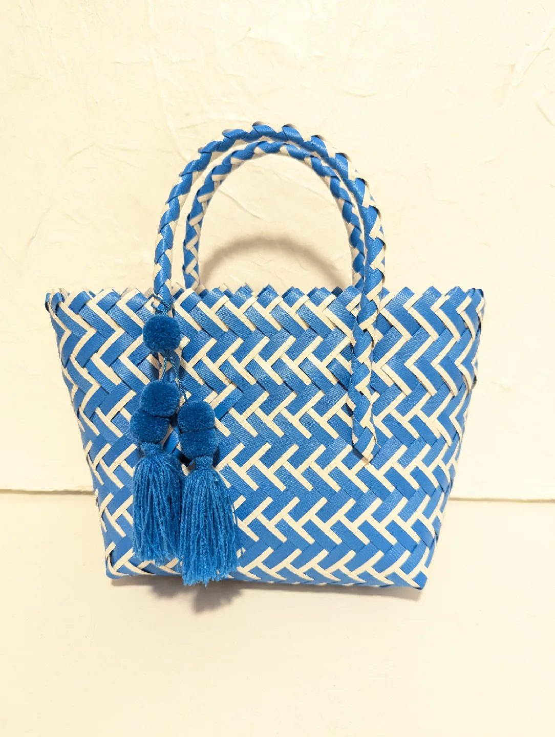 Blue & White Woven Tote Bag with Tassels thumbnail