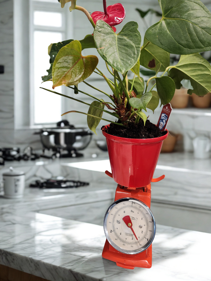 vintage food scale with Anthurium Plant in Red Pot