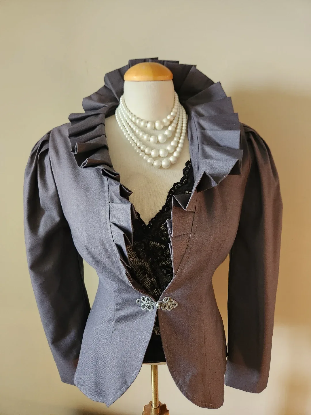 Grey Ruffled Victorian revival fitted Jacket