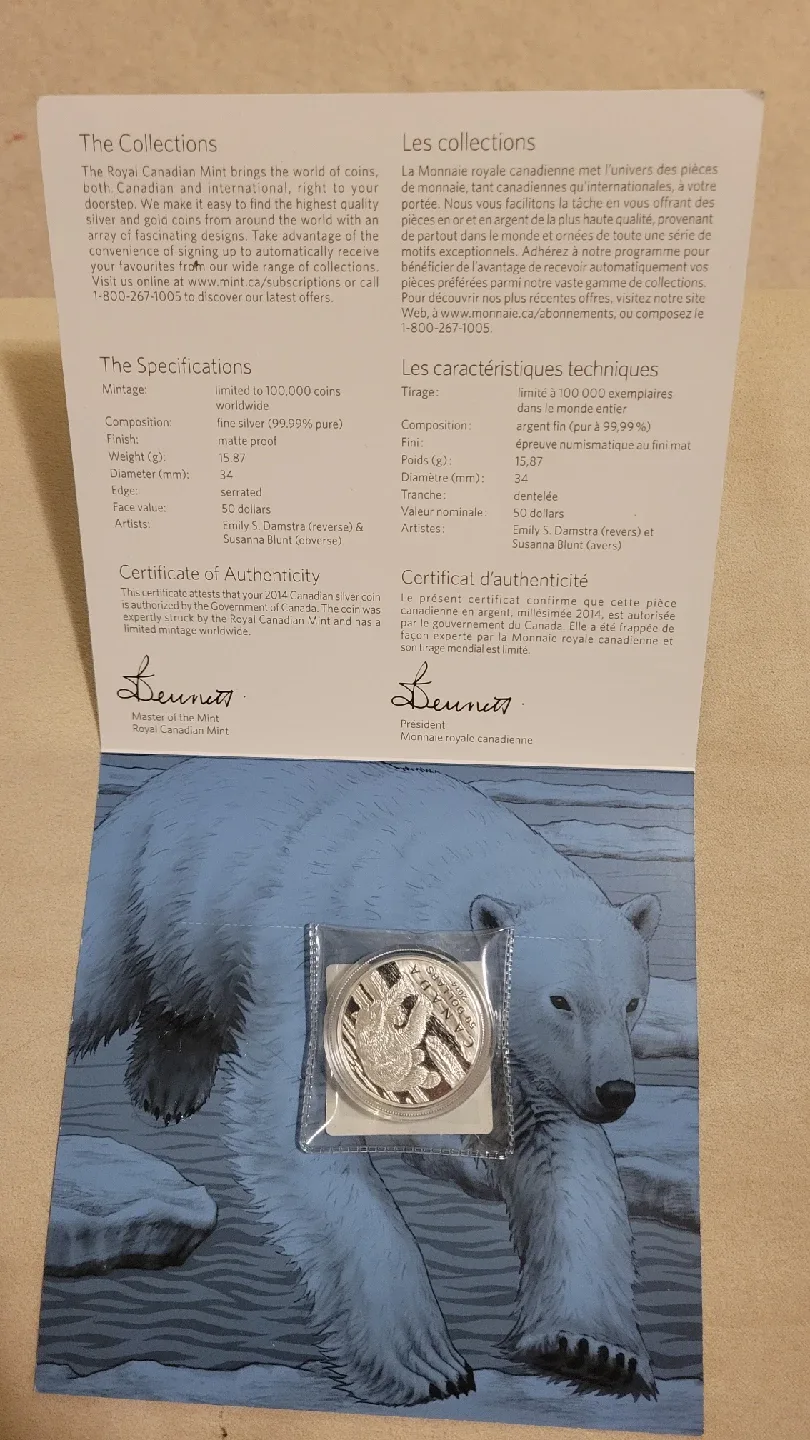2014 Canada $50 Fine Silver Coin - Polar Bear image indicator(2)