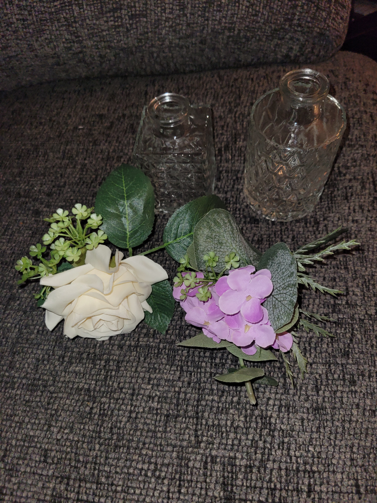 Two Small Glass Vases with Decorative Plastic Flowers - photo 2