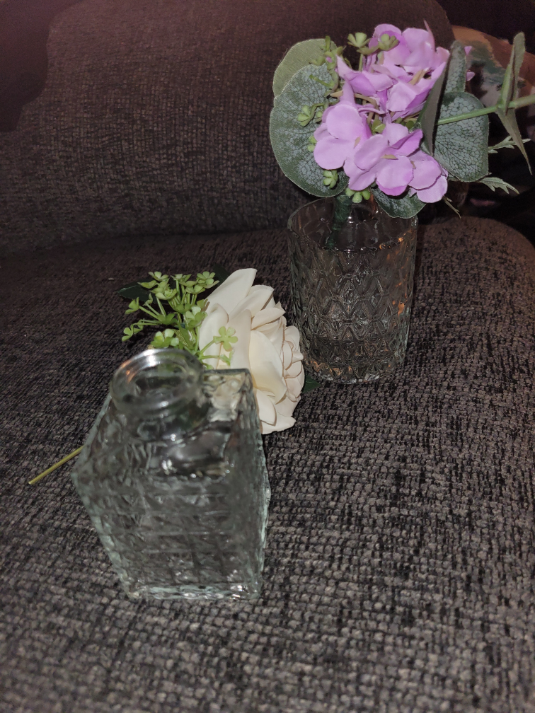 Two Small Glass Vases with Decorative Plastic Flowers - photo 3