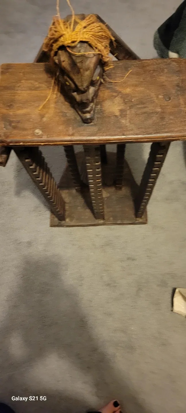 Antique Wooden Side Table with Carved Face