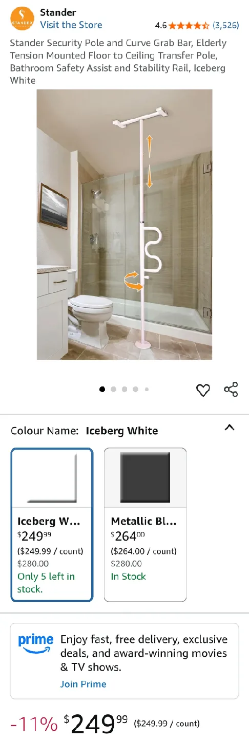 Stander Security Pole and Curve Grab Bar - 7FT-10FT image indicator(5)