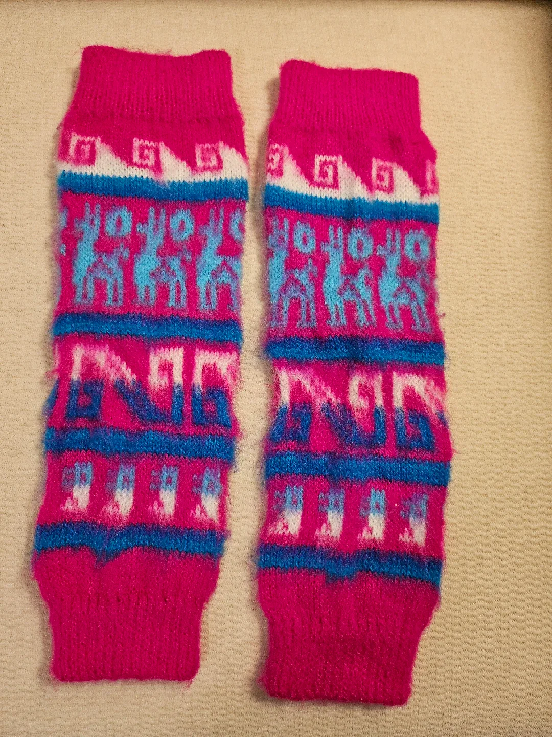 Peruvian-Pink & Blue Alpaca Wool Leg Warmers thumbnail