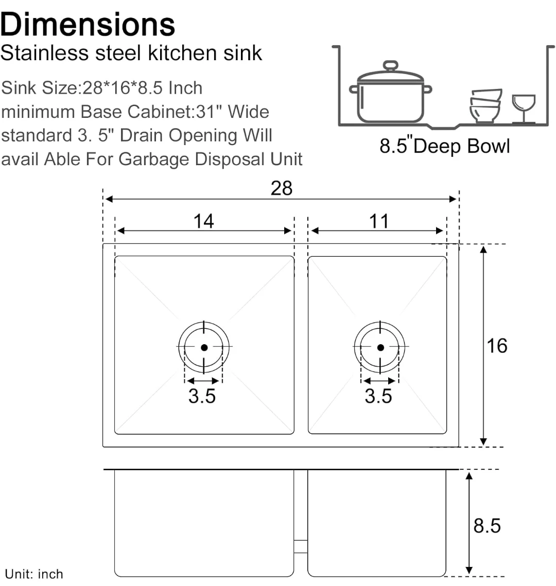 Stainless Steel Double Bowl Kitchen Sink 28x16x8.5" - photo 3