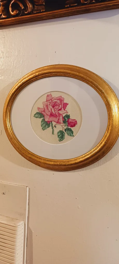 Gorgeous  Embroidered Rose Cross Stitch  Art in Gold Frame thumbnail