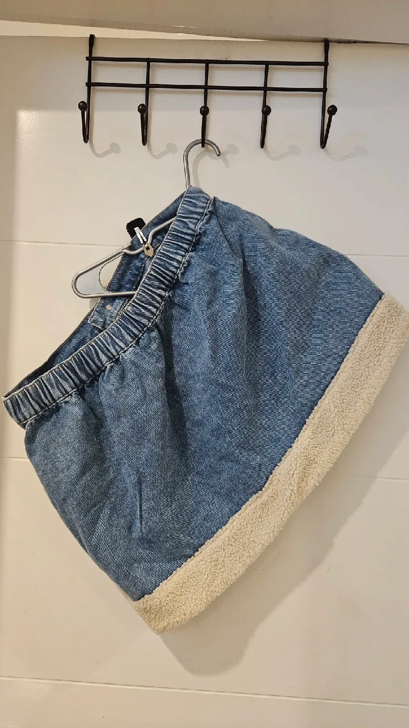 Plus Size Denim Mini Skirt with Sherpa Trim image indicator(2)