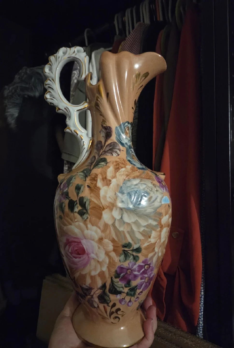 Vintage Floral Vase with Decorative Handle