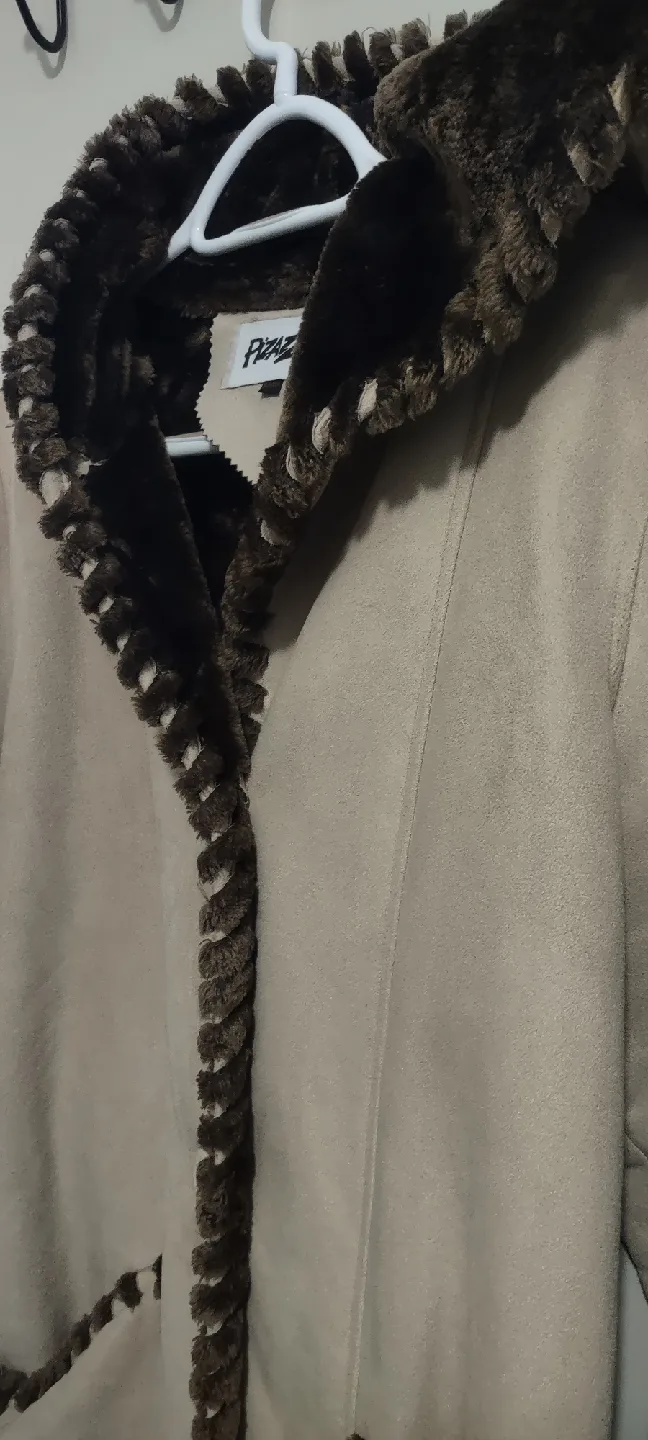 Pizazz Genuine suede leathe  Beige Hooded Coat image indicator(5)