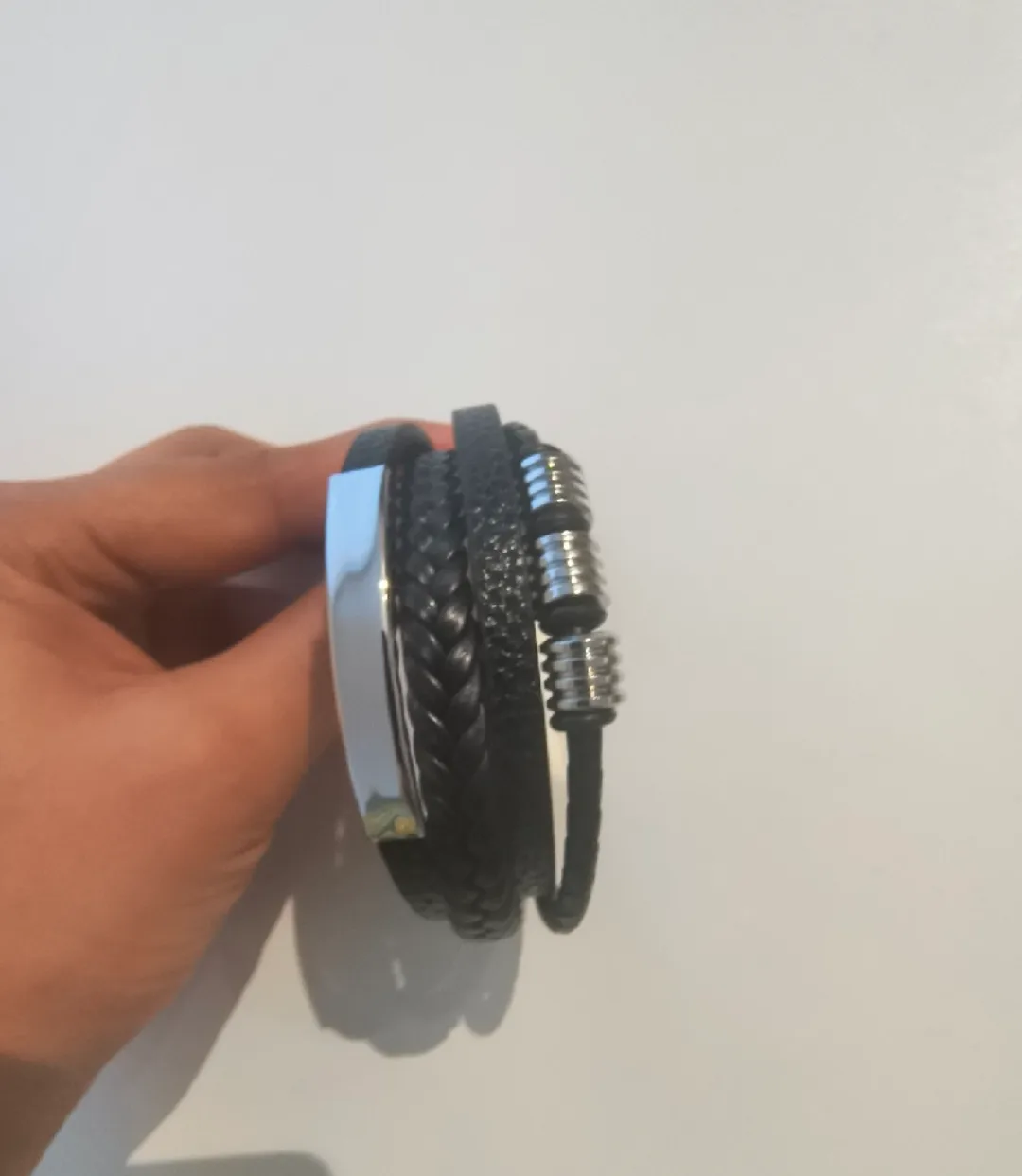 Men's Black Leather & Stainless Steel Bracelet thumbnail