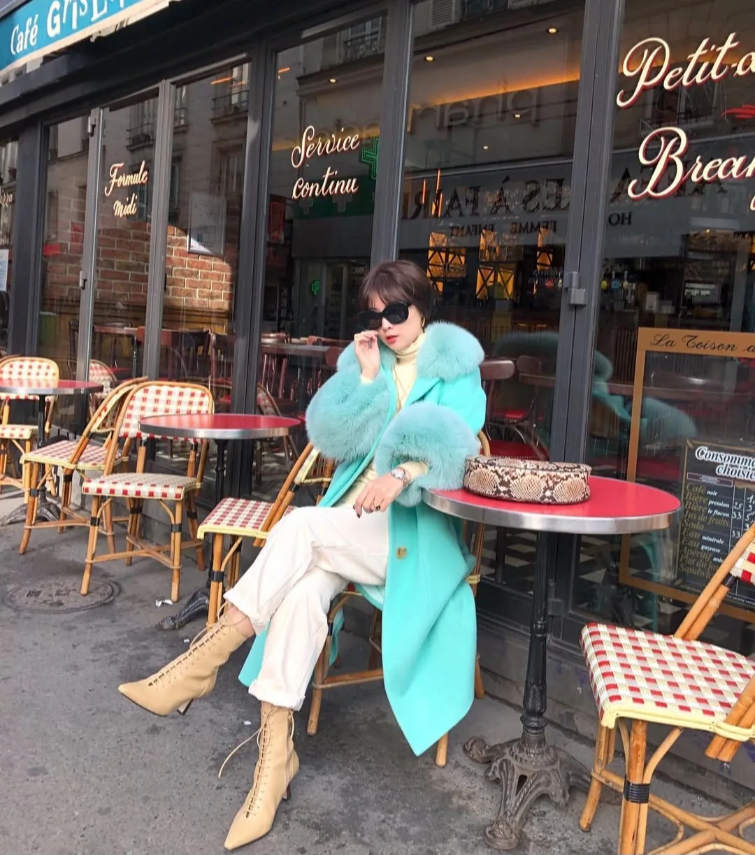 Mint Green Wool -Blend Coat with Genuine Saga Fox Fur