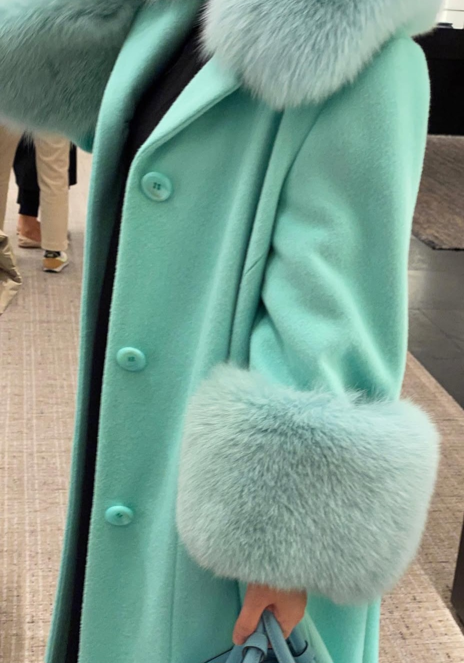 Mint Green Wool -Blend Coat with Genuine Saga Fox Fur - photo 4