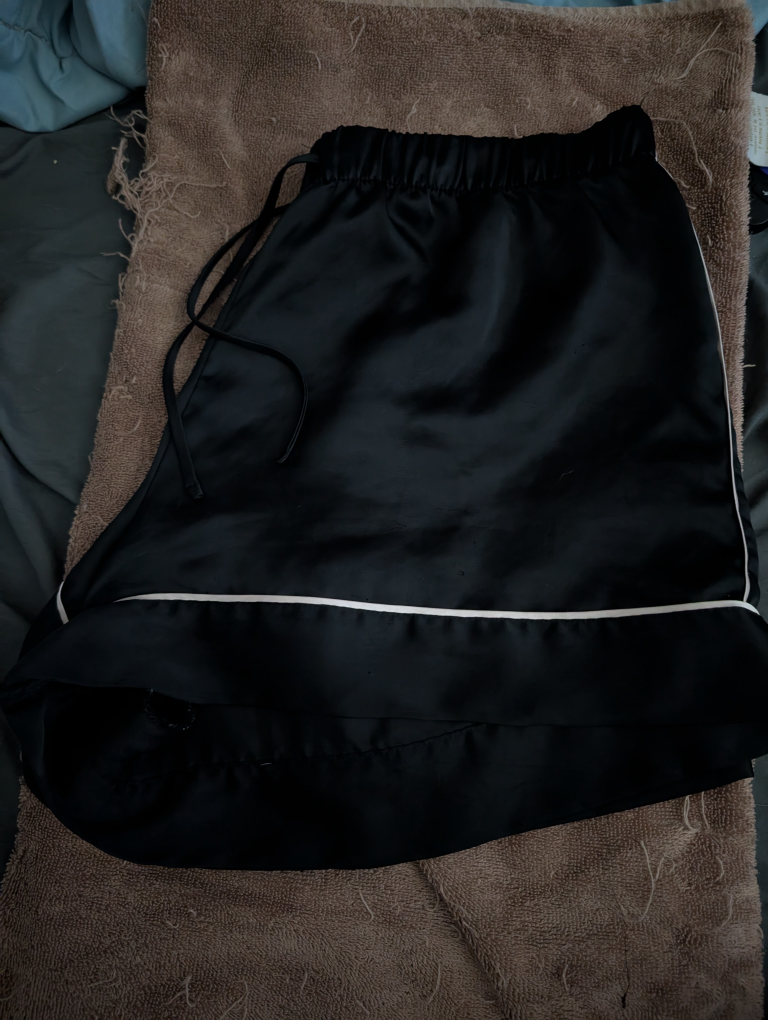 Black Satin Pajama Shorts with White Trim
