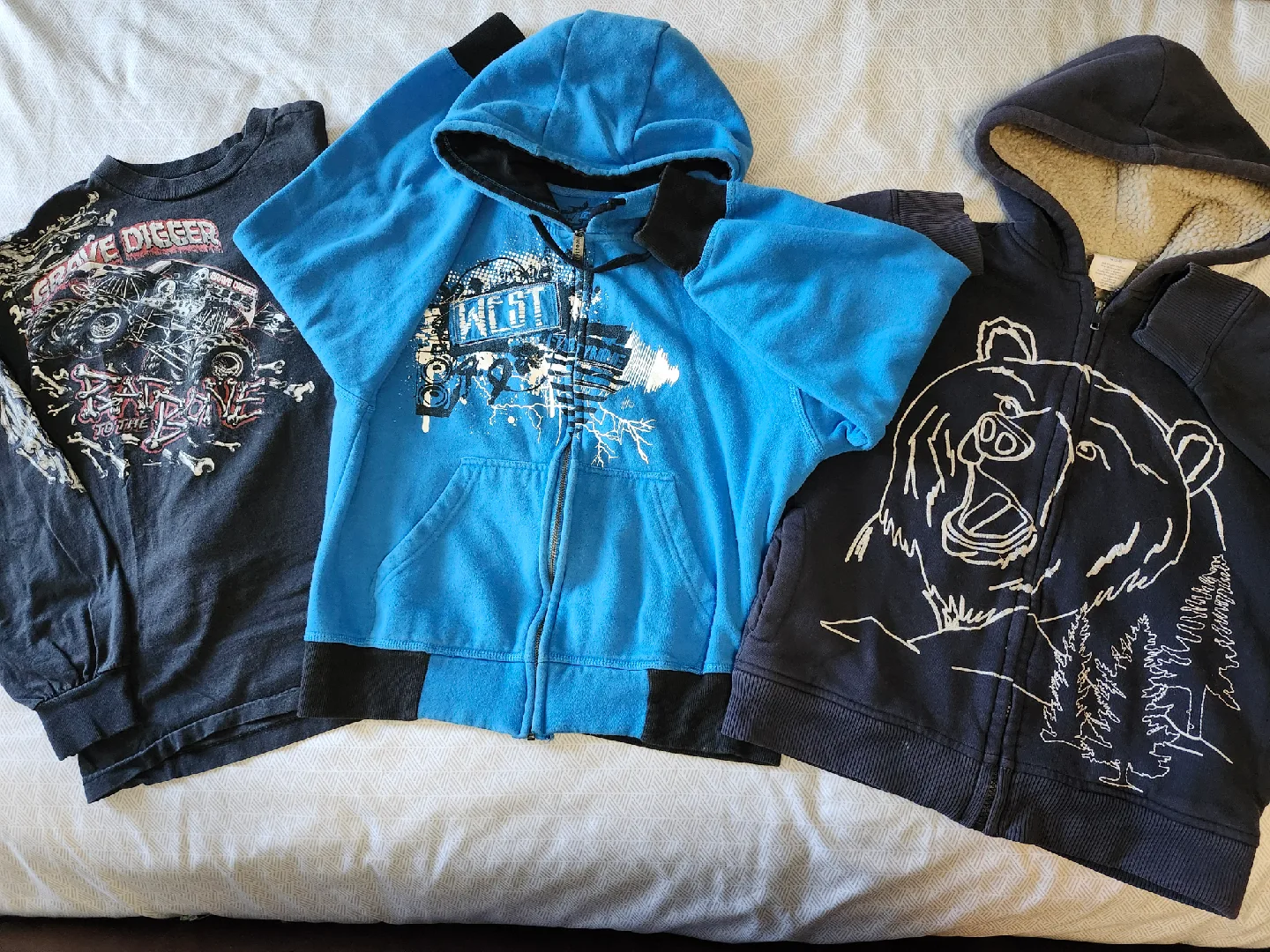 2 hoodies & a Grave Digger long sleeved shirt that fit boys 7/8. thumbnail