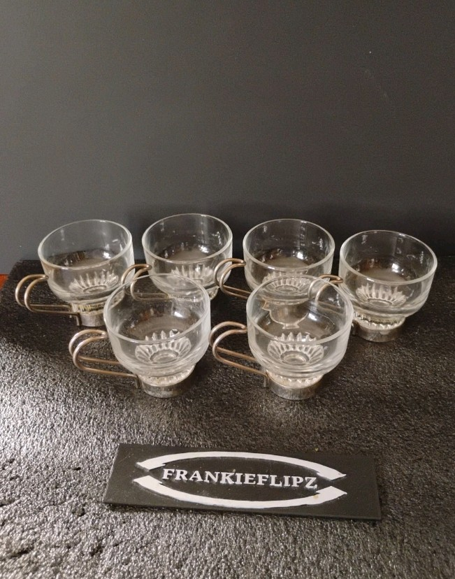 Set of 6 Glass Espresso Cups with Silver Handles