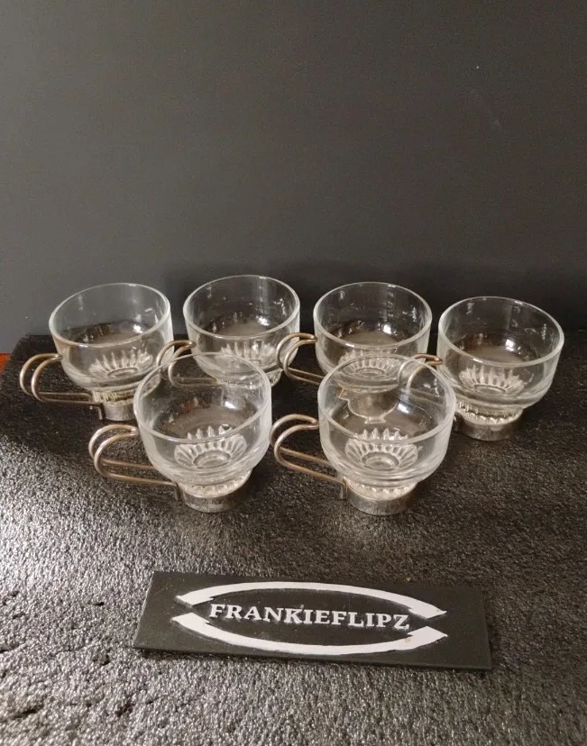 Set of 6 Glass Espresso Cups with Silver Handles