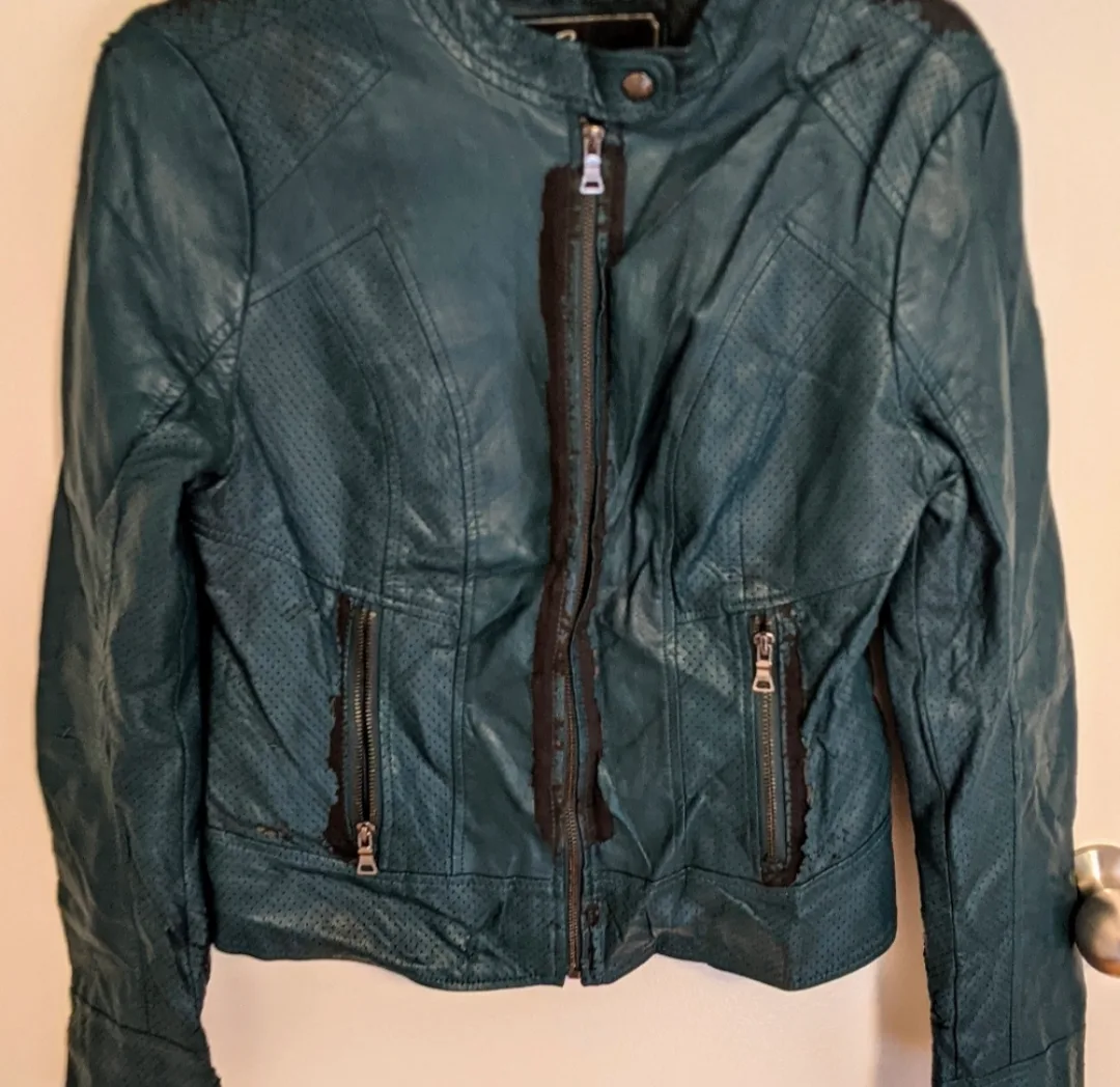 Guess Green Leather Jacket (Distressed) - Women's Medium thumbnail